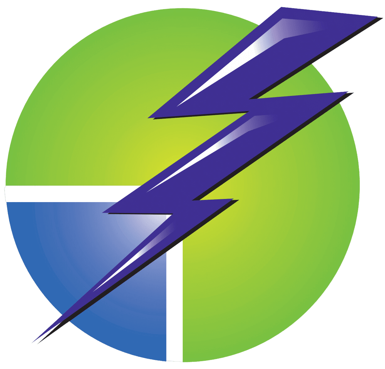 A green circle with a blue and white segmented section, overlaid with a purple lightning bolt.